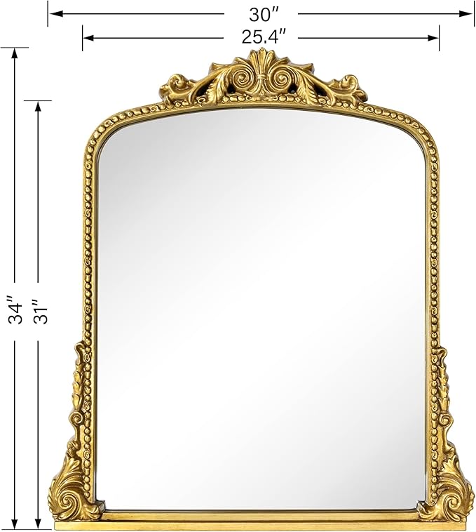 Antique Gold Ornate Mirror Arched Mantel Mirror Baroque Inspired Ornate Dresser Mirror, 30x34