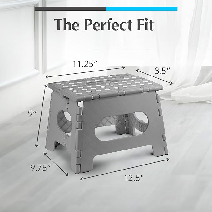 Handy Laundry - Folding Step Stool - Sturdy Enough Collapsible Stool to Support Adults and Safe Enough for Kids - Opens Easy with One Flip - Great for Kitchen, Bathroom or Bedroom (Grey - 9 Inch)
