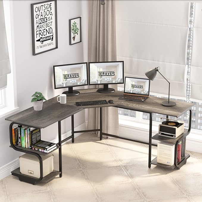 Teraves Modern L Shaped Desk with Shelves,64.84" Gaming Computer Desk for Home Office,Corner Desk with Desktop (Black Oak+Black Frame, Large+4 Tier Shelves)