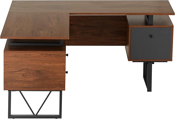 Techni Mobili Reversible L Shaped Desk with File Cabinet and Drawers 59” W – Modern Versatile L Shaped Office Desk with Drawers and File Cabinet - Brown