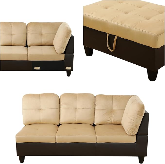 L Shaped Sectional Sofa with Ottoman, Color Blocking Flannel Leather Right Facing Modern Couches for Living Room, Bedroom, Office, Ginger Leather