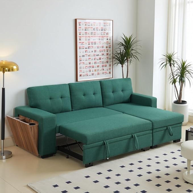 L-Shape Sofa Bed, 92" Sectional Couch with Storage Chaise, Pull Out Sleeper Sofa with Side Compartment, Convertible Corner Couch for Living Room Apartment, Green