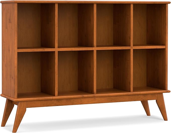 SIMPLIHOME Draper Console Table - 57 Inch Wide Solid Hardwood 8-Cube Sofa Table in Teak Brown, Mid-Century Modern Bookcase for Entryway or Living Room with 8 Open Storage Cubbies and Tapered Legs