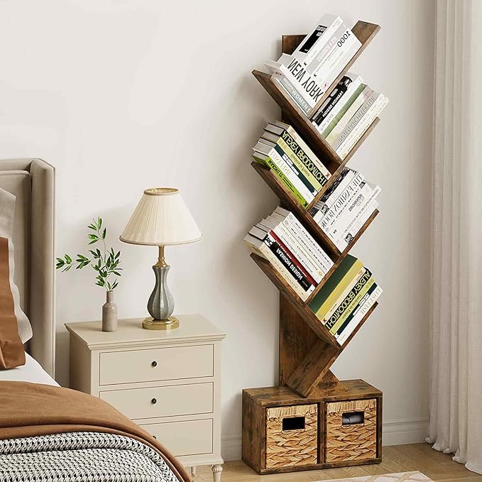 Vagusicc 6 Tier Tree Bookshelf, Small Bookcase with Storage Cabinet, Modern Tall Narrow Bookshelves Organizer, Floor Standing Book Shelf for Bedroom/Living Room/Home Office/Corner, Rustic Brown