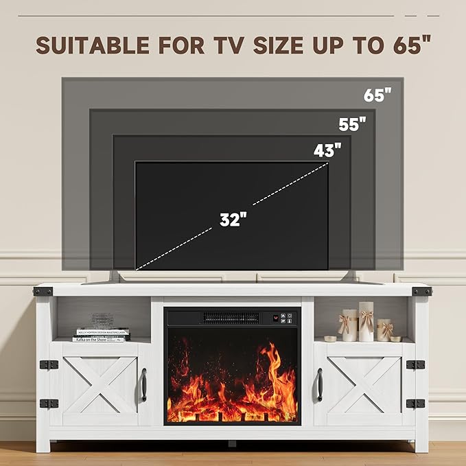 YESHOMY Fireplace TV Stand with Barn Doors and Open Display Shelf, Farmhouse Media Console with Hidden Cable Routing, Entertainment Center for Televisions up to 65+ Inch, White