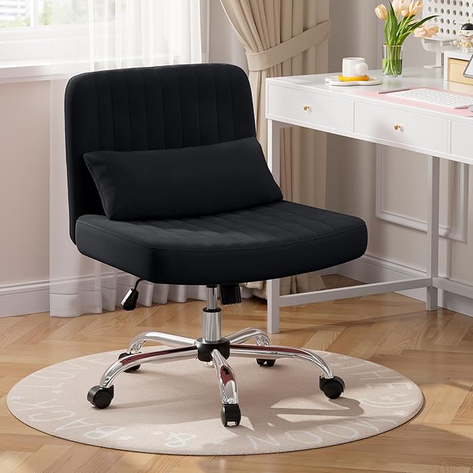 Warmiehomy Criss Cross Office Chair with Wheels, Velvet Cross-Legged Desk Chairs for Home, Height Adjustable Swivel Wide Seat Computer Chair, Morden Vanity Chair for Women, Black
