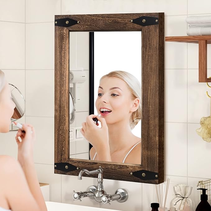 Farmhouse Rustic Mirror Wood Framed for Bathroom, Decorative Bathroom Mirror for Wall Wood, Wall Mounted Rectangular Mirror for Bedroom Living Room, Wood Mirror 24x36 Inch