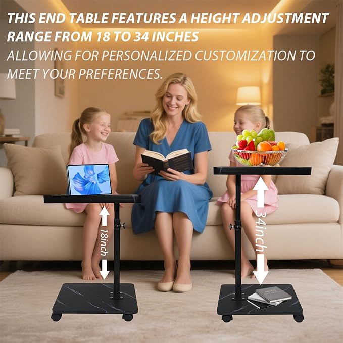 Simcat C Table End Table Adjustable Height, C Shaped Side Table with Wheels, 360° Swivel TV Tray Table, Sofa Side Tables for Small Spaces/Living Room/Bedroom/Bathtub/Hospital