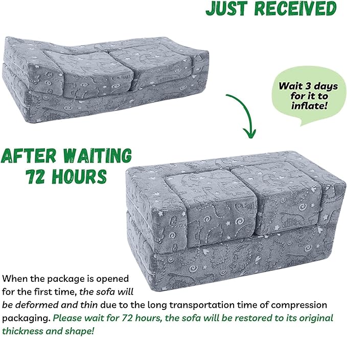 MeMoreCool Glow-in-The-Dark Dinosaur Modular Kids Play Couch — Convertible Foam Sofa for Toddlers, Multi-Configuration Climbing & Fort Building Furniture with Washable Covers, Gray