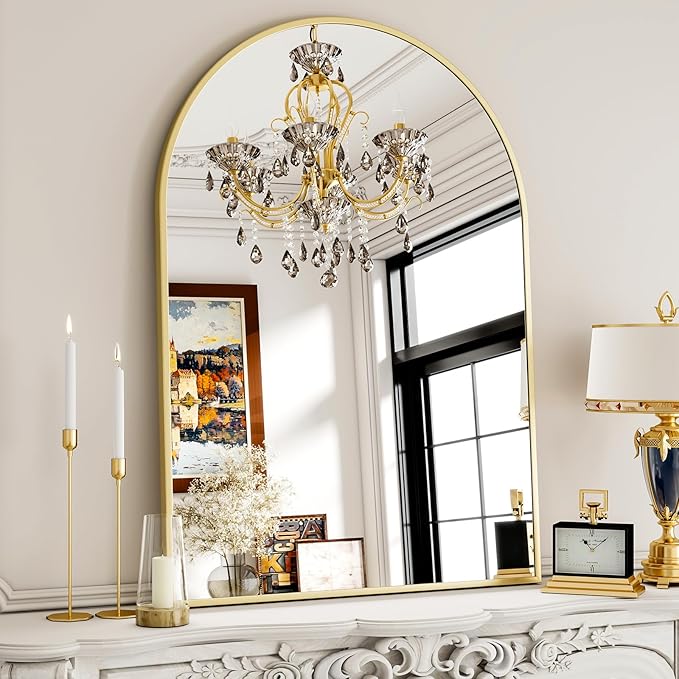 30x38 Inch Arched Bathroom Mirror - Gold Metal Frame Wall Mounted Vanity Mirror for Bathroom, Bedroom, Living Room, Hanging or Leaning Decorative Mirror