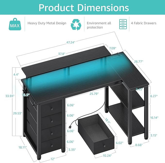 Lufeiya Black L Shaped Desk with Led Lights and Power Outlets, 47 Inch Writing Study Computer Gaming Desks with Fabric Drawers for Bedroom, Home Office Corner Desk with Monitor Stand Shelves, Black