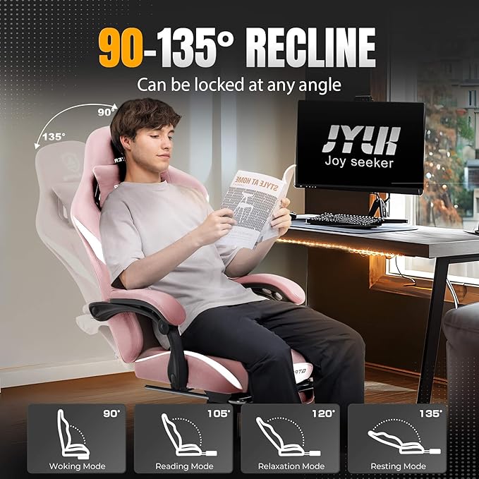 GTRACING Gaming Chair with Foot Rest & Pocket Spring Cushion, Breathable Fabric for Home Office Desk, Ergonomic High Back Computer Chair with Headrest & Lumbar Support, Pink