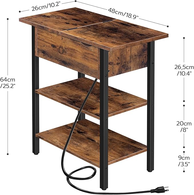 HOOBRO Set of 2 End Tables, Side Table with Charging Station, Flip Top Nightstand with USB Ports and Outlets, Bedside Tables with Shelf for Small Spaces, Living Room, Bedroom, Rustic Brown BF341BZP201