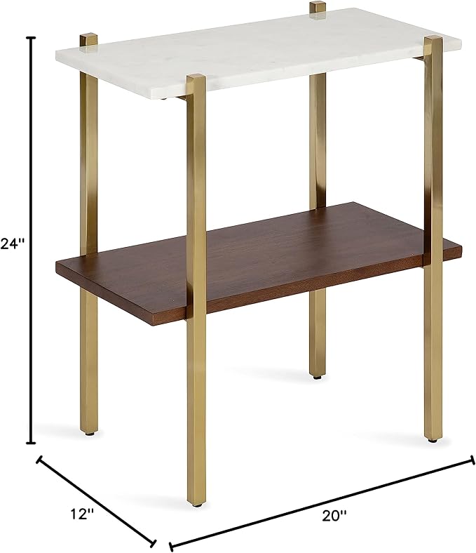 Kate and Laurel Abcott Midcentury Side Table, 20 x 12 x 24, Walnut Brown and Gold, Decorative Two-Tier Bedroom Nightstand Table with Genuine Marble Tabletop
