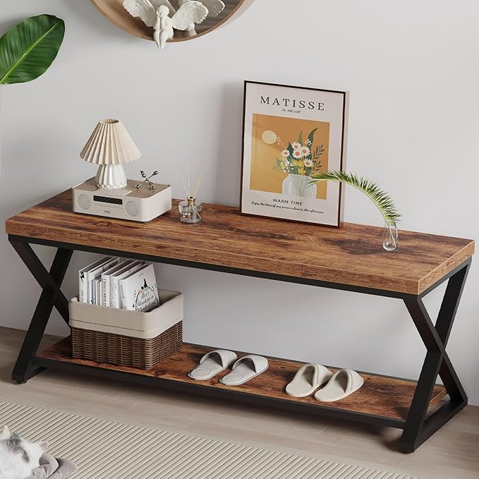 IBF Farmhouse Wood Bench, Industrial Storage Entryway Indoor Bench for Bedroom Hallway Living Room, Rustic Wooden Metal Shoe Rack Accent Foyer Bench Seat for Entrance Sitting, Rustic Brown, 47 in Long