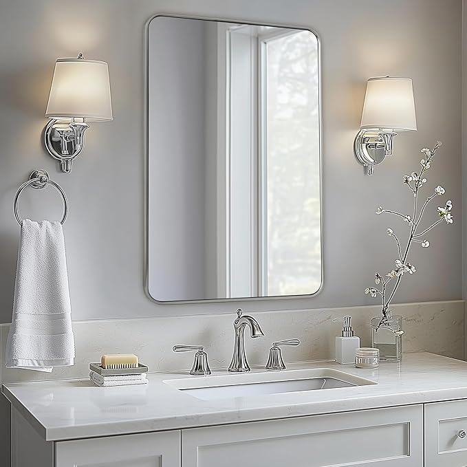 ANDY STAR Brushed Nickel Mirror, Stainless Steel Metal Frame 24x36 Inch Bathroom Mirror for Over Sink, Modern Rounded Corner Slim Silver Vanity Mirror for Wall Mounted Horizontally or Vertically