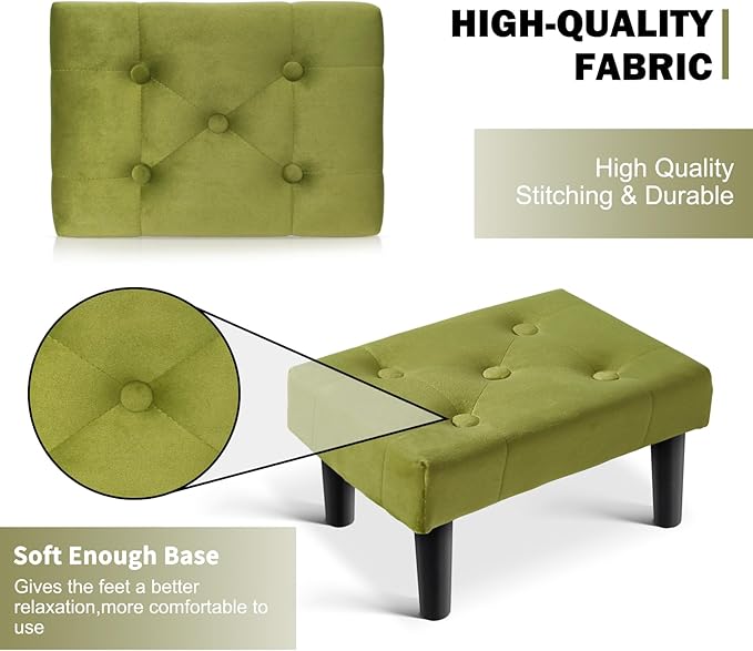 HOUCHICS Small Footstool Ottoman,Velvet Soft Footrest Ottoman with Wood Legs,Sofa Footrest Extra Seating for Living Room Entryway Office(Green 2PACK)