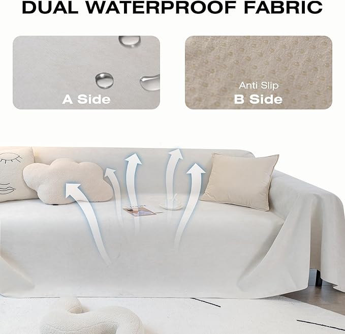STACYPIK Waterproof White Sofa Cover, Anti-Scratch Pet Sofa Cover for 3 Cushion Couch, Washable Furniture Protector, Loveseat Slipcover for Sectional, Multi-use Couch Cover for L-Shaped-71X134IN