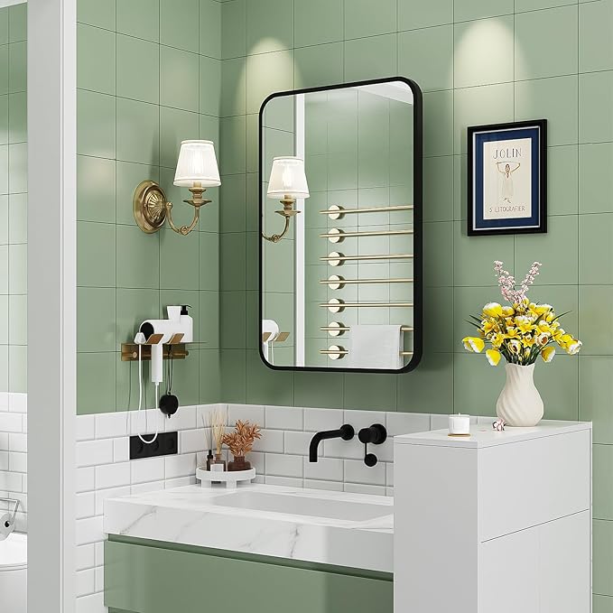 16x24 Inch Black Mirror Medicine Cabinet Metal Framed Recessed Wall Mounted Bathroom Medicine Cabinet with Mirror and Storage