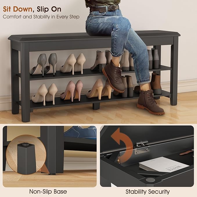 Shoe Rack Bench Seat Rubberwood 2-Tier Wooden Storage Bench 550lbs Compact Mid-Century Modern Design for Entryway, Hallway, Closet, Front Door Entrance, Foyer