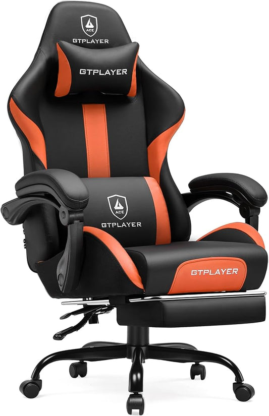 GTRACING Gaming Chair with Foot Rest & Pocket Spring Cushion, Ergonomic High Back Computer Chair with Headrest & 360°-Swivel Seat for Home Office Desk, PU Leather, Orange