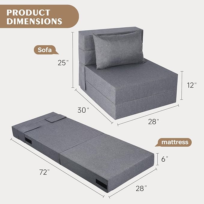 Folding Sofa Bed, Convertible Futon Sofa Bed with Pillow, Foldable Sleeper Chair with Washable Cover, Fold Out Couch for Guest Room, Living Room, Dorm, Single Size, Light Grey