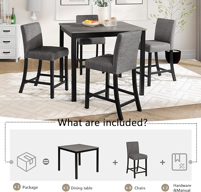 KEIKI 5-Piece Counter Height Dining Table Set with Square Table and 4 Upholstered Curved Backrset Chair, for 4 Person, Modern Wooden Table Set, Easy Assembly, for Kitchen, Dining Room, Black+Gray