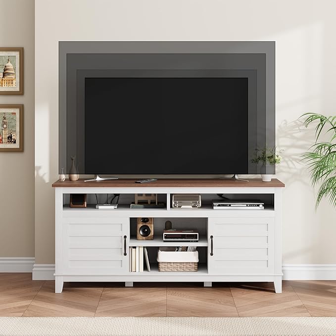 GarveeHome TV Stand for 63 in, Entertainment Center with Adjustable Shelves, Farmhouse TV Stand with Cabinet Doors,for Living Room, Bedroom (White, 63)