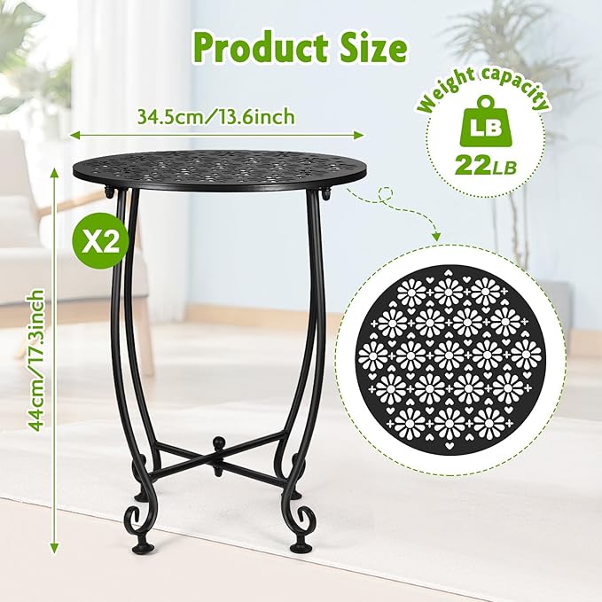 2 Pack 14 Inch Outdoor Side Table for Small Spaces, Patio Side Table,Plant Stand,Round Metal End Table for Patio,Yard Porch Balcony Garden