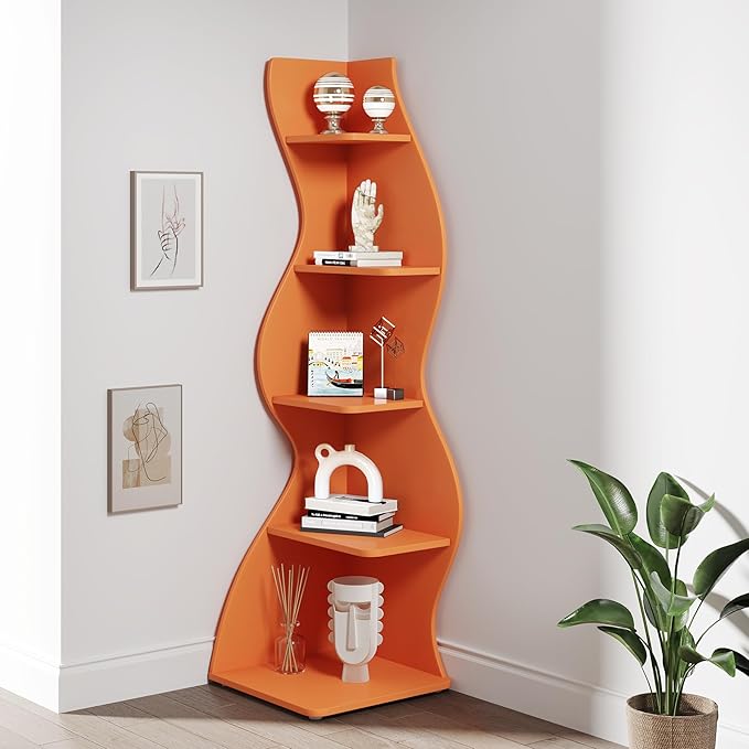 Tribesigns Corner Shelf, Modern 5-Tier Wall Corner Bookshelf, Stylish Corner Small Bookcase Storage Rack Plant Stand with Unique Shape for Living Room, Home Office (Orange, 1PC)