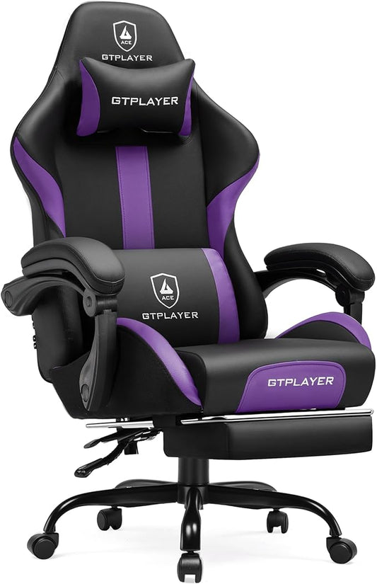 GTRACING Gaming Chair with Foot Rest & Pocket Spring Cushion, Ergonomic High Back Computer Chair with Headrest & 360°-Swivel Seat for Home Office Desk, PU Leather, Purple