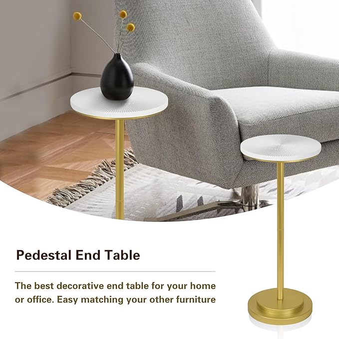 Drink Table Set of 2, Small Round Pedestal Side Table with Carved Top for Living Room, Bedroom, Small Space, Corners and Office, White and Gold
