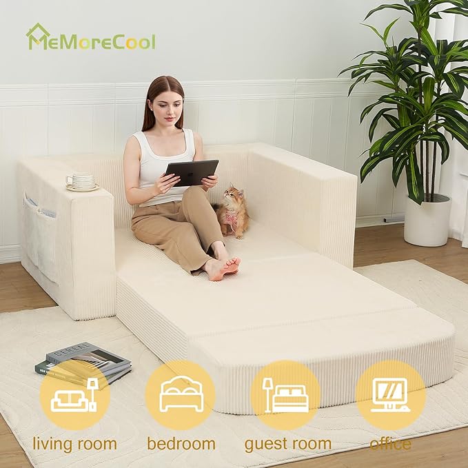 MeMoreCool Convertible Sofa Bed, Pull Out Loveseat Sleeper Sofa Beige, Small Boneless Cloud Couch Bed for Adults, Fold Out Foam Love Seat, Corduroy Folding Floor Couch for Bedroom
