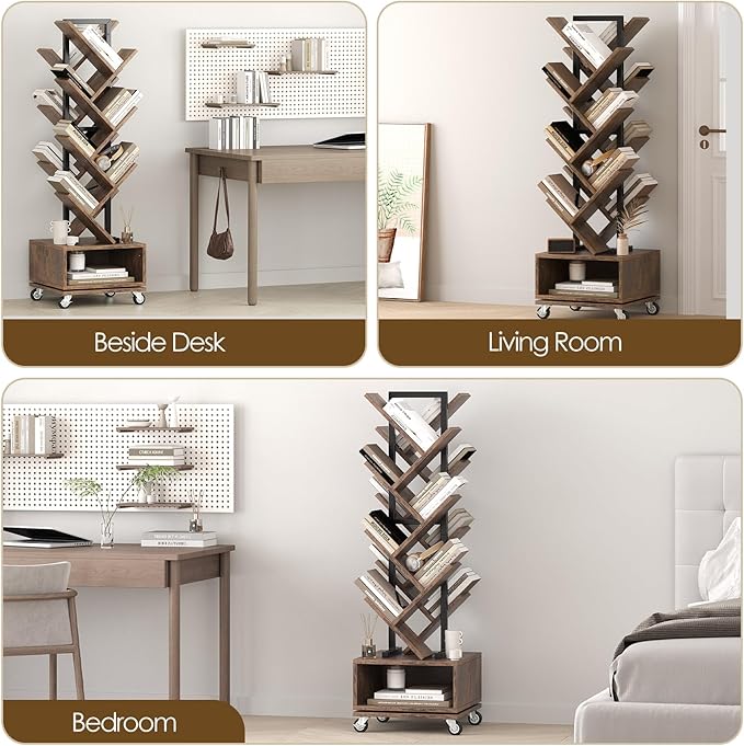 49" Rotating Tree Bookshelf, 7 Tier Double Sided Shelf, Wood Corner Bookshelf with Wheels, 360 Display Spinning Bookcase Storage Rack, Ideal for Small Rooms, Easy Assembly, Rustic Brown