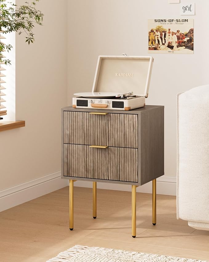 Nightstand,Small Bedside Table with Gold Frame,Morden Night Stand with 2 Drawer,End Table,Side Table with Drawer and Shelf for Bedroom,Living Room (Grey-2Drawer)