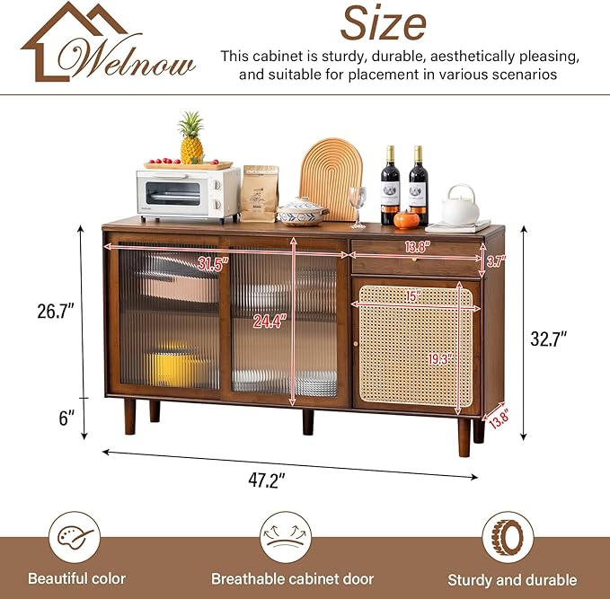 Welnow Buffet Cabinet, Bamboo Sideboard with Storage Rattan Kitchen Display Cabinet with Drawer, Boho Coffee Bar Tables for Kitchen, Living Room, Entryway, Office, Walnut