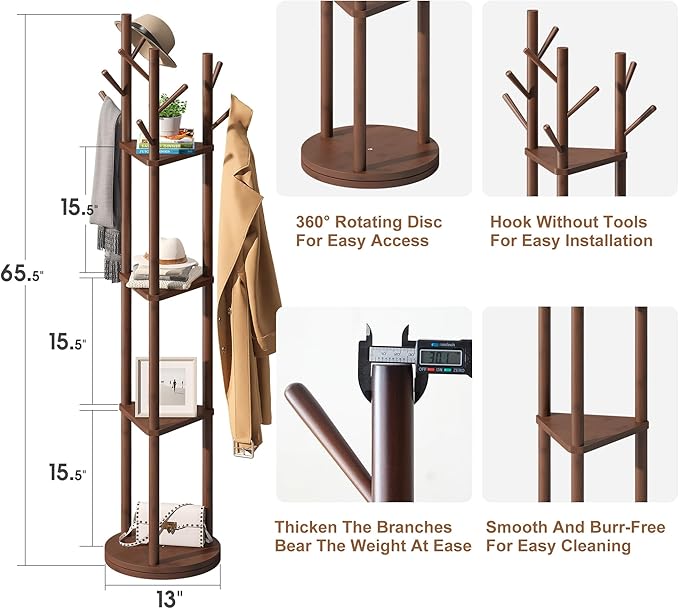 FILWH Bamboo Coat Rack Rotary Freestanding with Shelf Tree Stand for Hallway Entryway Hanger Stand with 9 Hooks 3 Shelves (Brown)