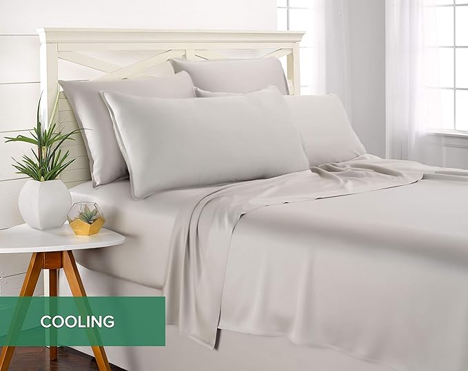 Queen Sheets by Pure Bamboo, Genuine 100% Organic Viscose Derived from Bamboo Bed Sheet Set, Luxuriously Soft & Cooling, Double Stitching, Lifetime Quality Promise (Queen, Silver Pearl)