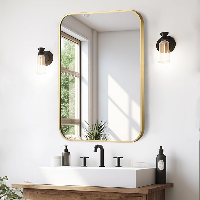 Brushed Gold Mirror, 20"x28" Rectangle Bathroom Mirror, Metal Frame Rectangle Corner Vanity Mirror, Wall Mounted Mirror for Modern, Living Room, Bedroom, Horizontal Or Vertical