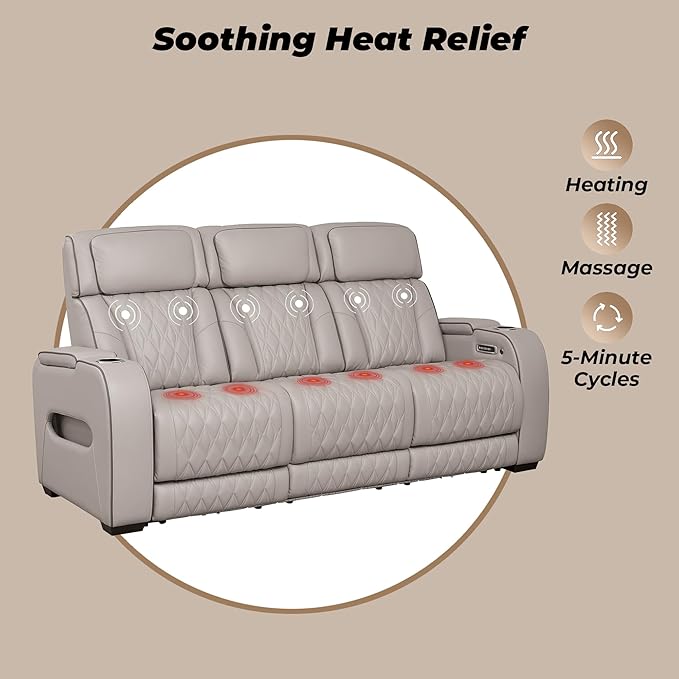 Signature Design by Ashley Boyington Contemporary Leather Match Power Reclining Sofa with USB Charging Ports, LED Lights and Adjustable Headrest, Light Gray