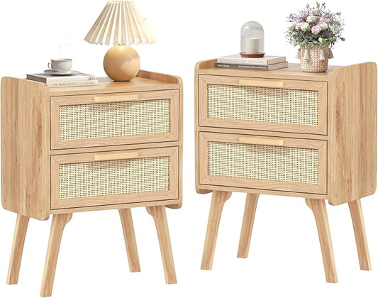 Lerliuo Rattan Nightstands Set of 2, Boho Night Stand with 2 Drawers, Cane Accent Side End Table, Bedside Table with Solid Wood Legs for Bedroom, Dorm and Small Spaces (Natural)