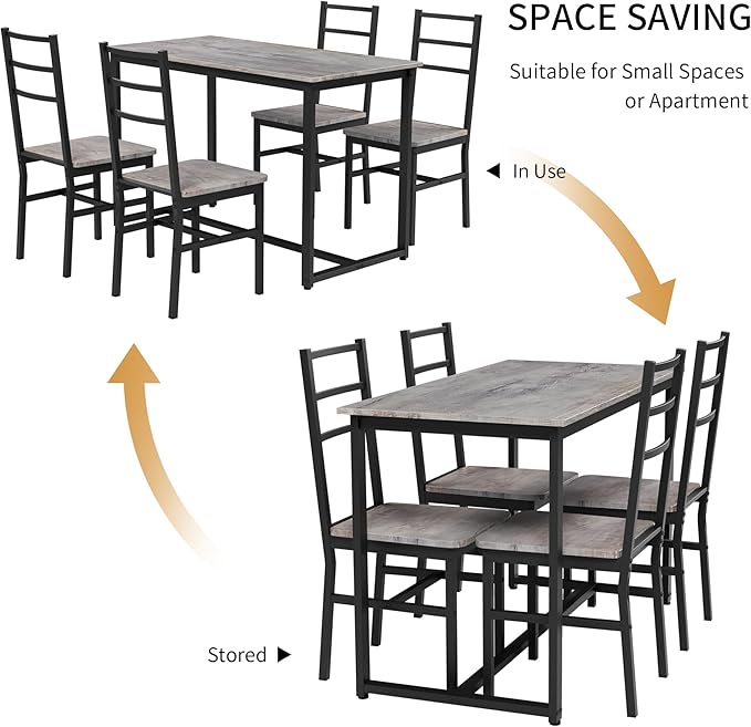 Ball & Cast Dining Table Set with Long Table and 4 Chairs,5-Piece Living Room Furniture W/ 47" Rectangle Kitchen Table & Backrest Chair,for Small Space,Apartment,Dining Room,Gray