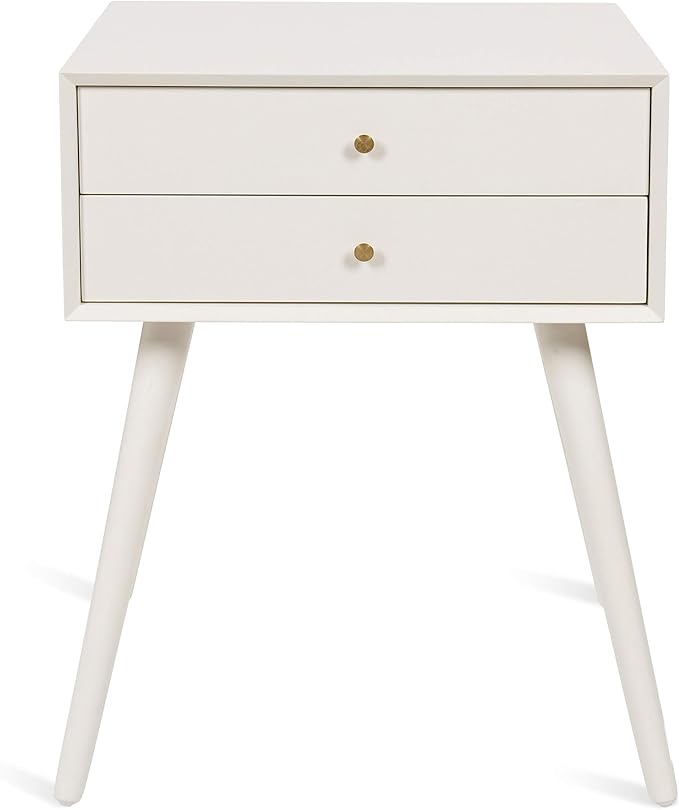 Kate and Laurel Finco Midcentury Modern Style Side Table with 2 Drawers, White Finish with Brass Hardware