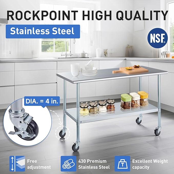 ROCKPOINT Stainless Steel Table for Prep & Work with Caster Wheels 14x60 Inches, NSF Metal Commercial Kitchen Heavy Duty Table with Adjustable Under Shelf and Table Foot for Restaurant, Home and Hotel