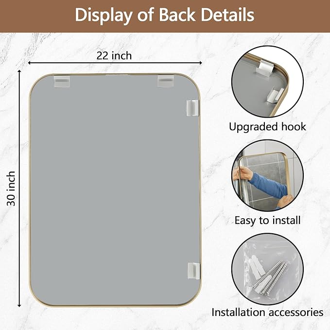 Gold Mirror, 22x30 Inch Framed Rectangle Mirror with Rounded Corner, Brushed Brass Mirror, Gold Bathroom Mirror for Over Sink, Vanity, Living Room, Bedroom, Horizontal/Vertical