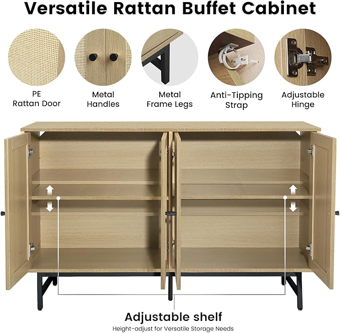Sideboard Buffets Cabinet with 4 Rattan Doors, Large Storage Accent Cabinet Credenzas Modern Console Table for Living Room, Kitchen (Natural)