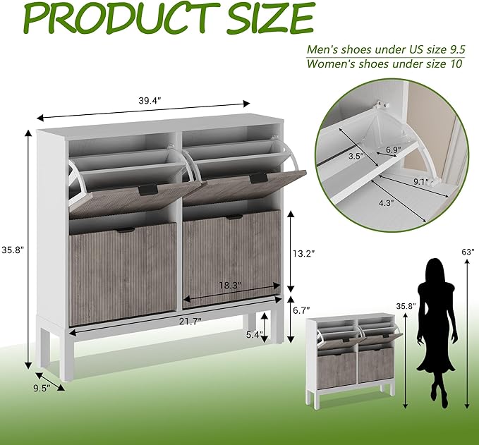 GarveeHome Fluted Shoe Storage Cabinet with 4 Flip Drawers, Narrow Wooden Shoe Organizer with Metal Legs, Modern Farmhouse Hidden Shoe Rack for Entryway, Hallway, White+Gray
