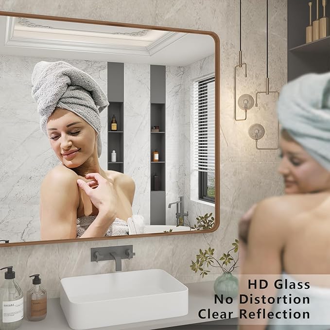 55x40 Inch Gold Bathroom Mirror, Brushed Metal Frame Gold Vanity Mirror, Large Rectangle Mirror for Wall, Rounded Corner, Shatterproof, Anti-Rust (Horizontal/Vertical)