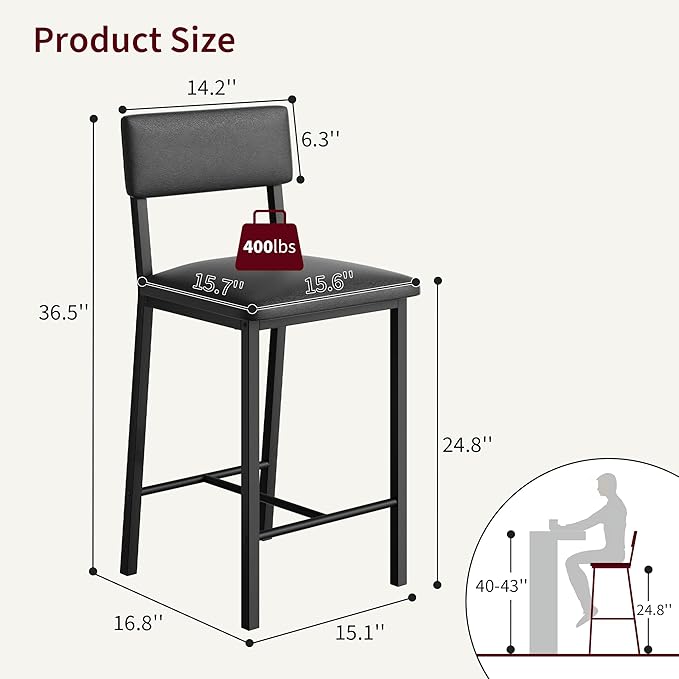 GarveeHome Bar Stools Set of 2, Counter Stools with Back and Thickened Metal Legs, Upholstered PU Leather Counter Height Barstools with Footrest, for Kitchen Island, Bar, Black
