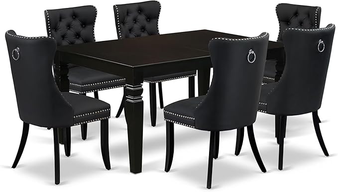East West Furniture LGDA7-BLK-12 7 Piece Dinette Set Contains a Rectangle Kitchen Table with Butterfly Leaf and 6 Polyester Fabric Parson Dining Chairs, 42x84 Inch, Black